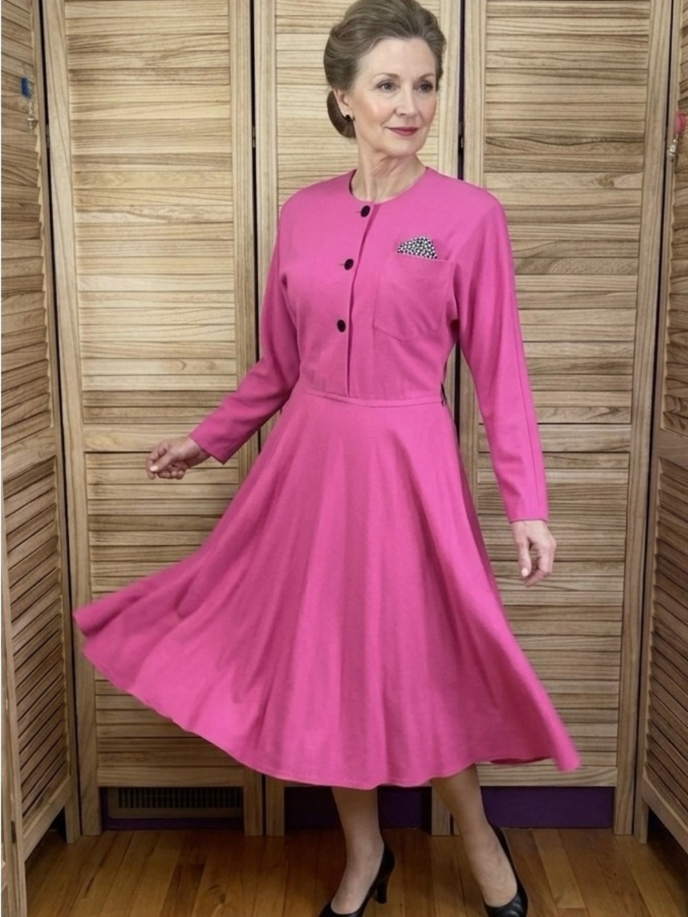 Melissa Lane Elegant Pink Black White Long Sleeve Designer Dress Vintage Size 14